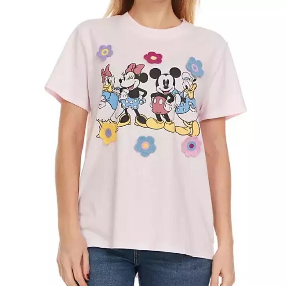 NWT Disney Ladies Mickey Minnie Donald Daffy Tee Crochet 3D Embellish Flowers Lg